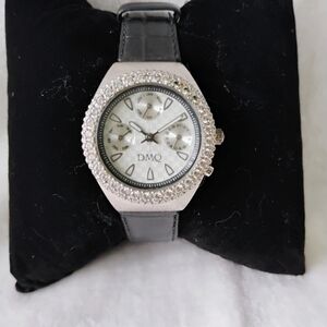 Isaac Mizrahi And Diamonique Silver Watch With Black Leather Strap
